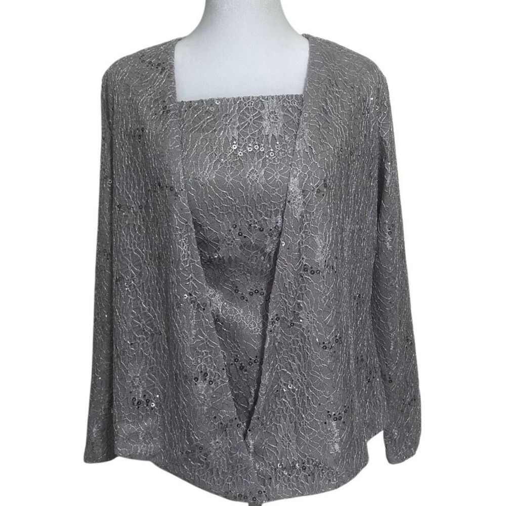 NWOT Formal Pantsuit 3Pc Set Small Gray Silver Sequined Lace Top Jacket & Pants - Picture 4 of 12